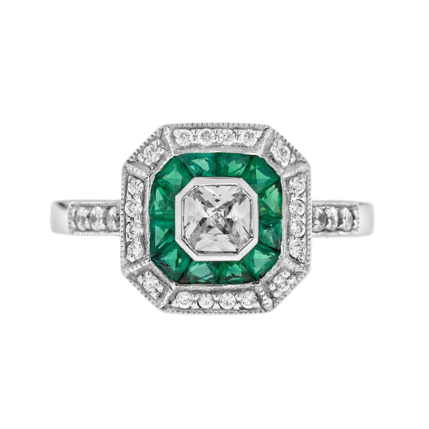 Diamond &amp; Emerald Double Halo Art Deco Style Asscher Shape 14K White Gold Ring
