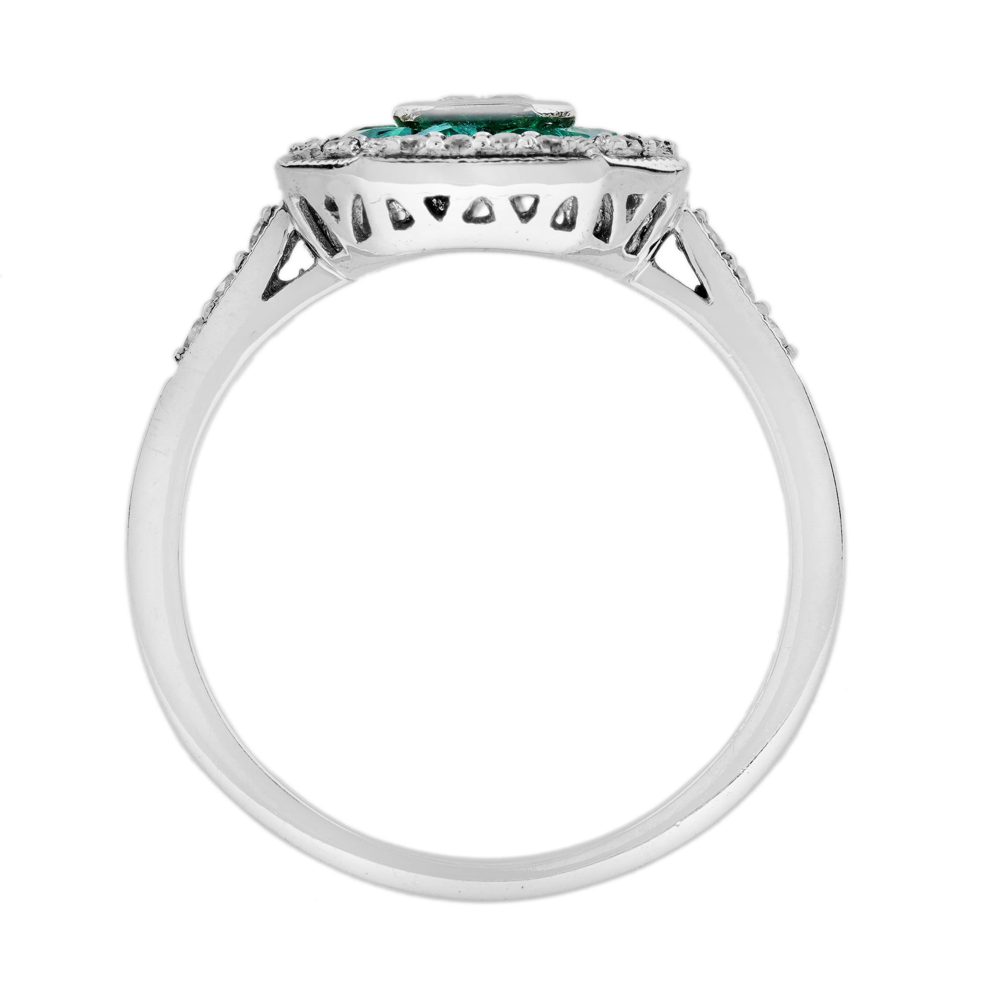Diamond & Emerald Double Halo Art Deco Style Asscher Shape 14K White Gold Ring
