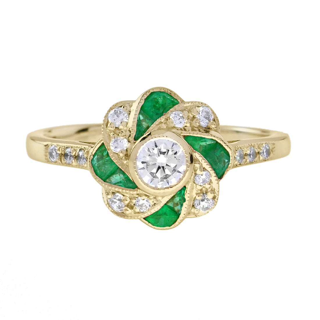 Diamond & Green Emerald Vintage Style Floral Rose Yellow Gold Ring