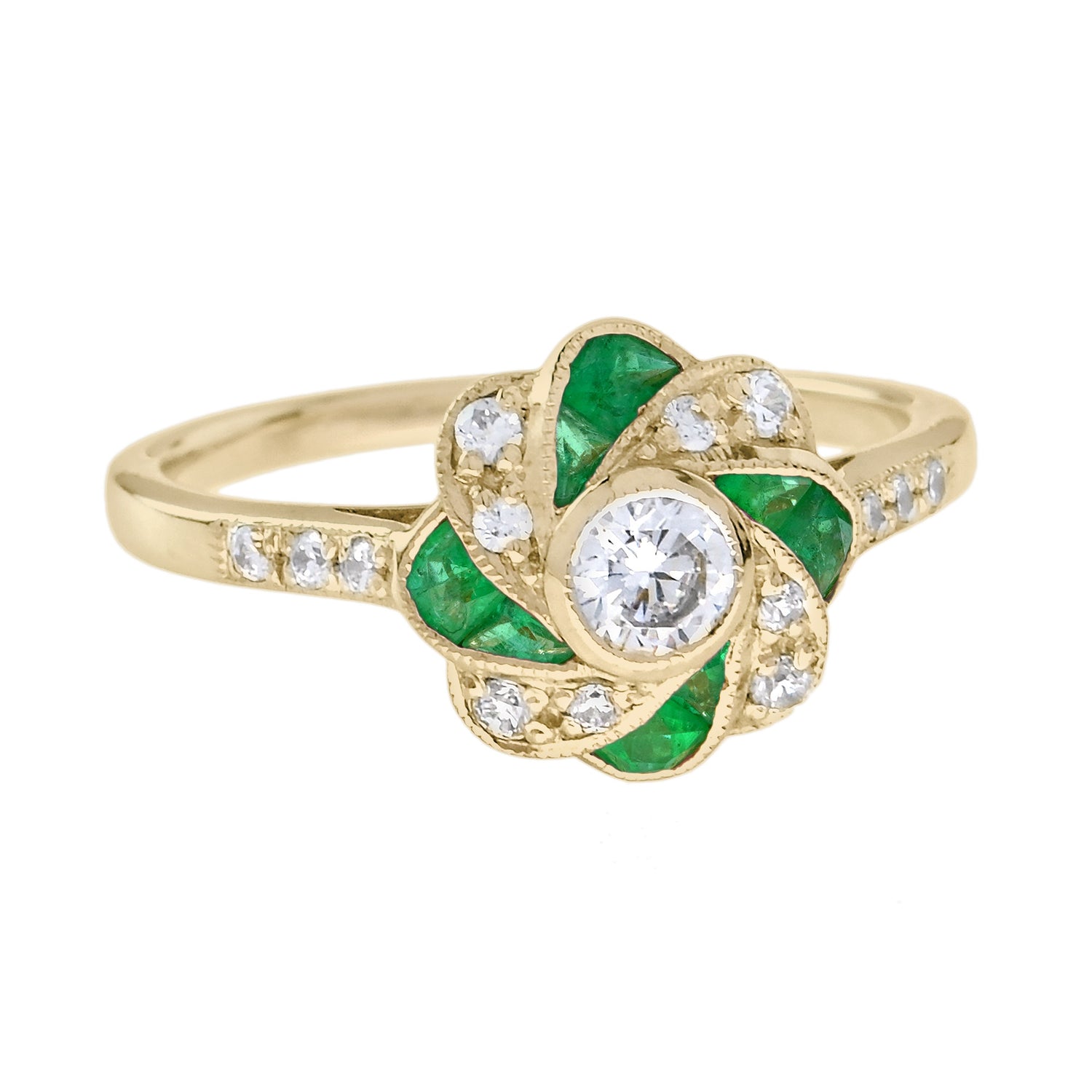 Diamond &amp; Green Emerald Vintage Style Floral Rose Yellow Gold Ring