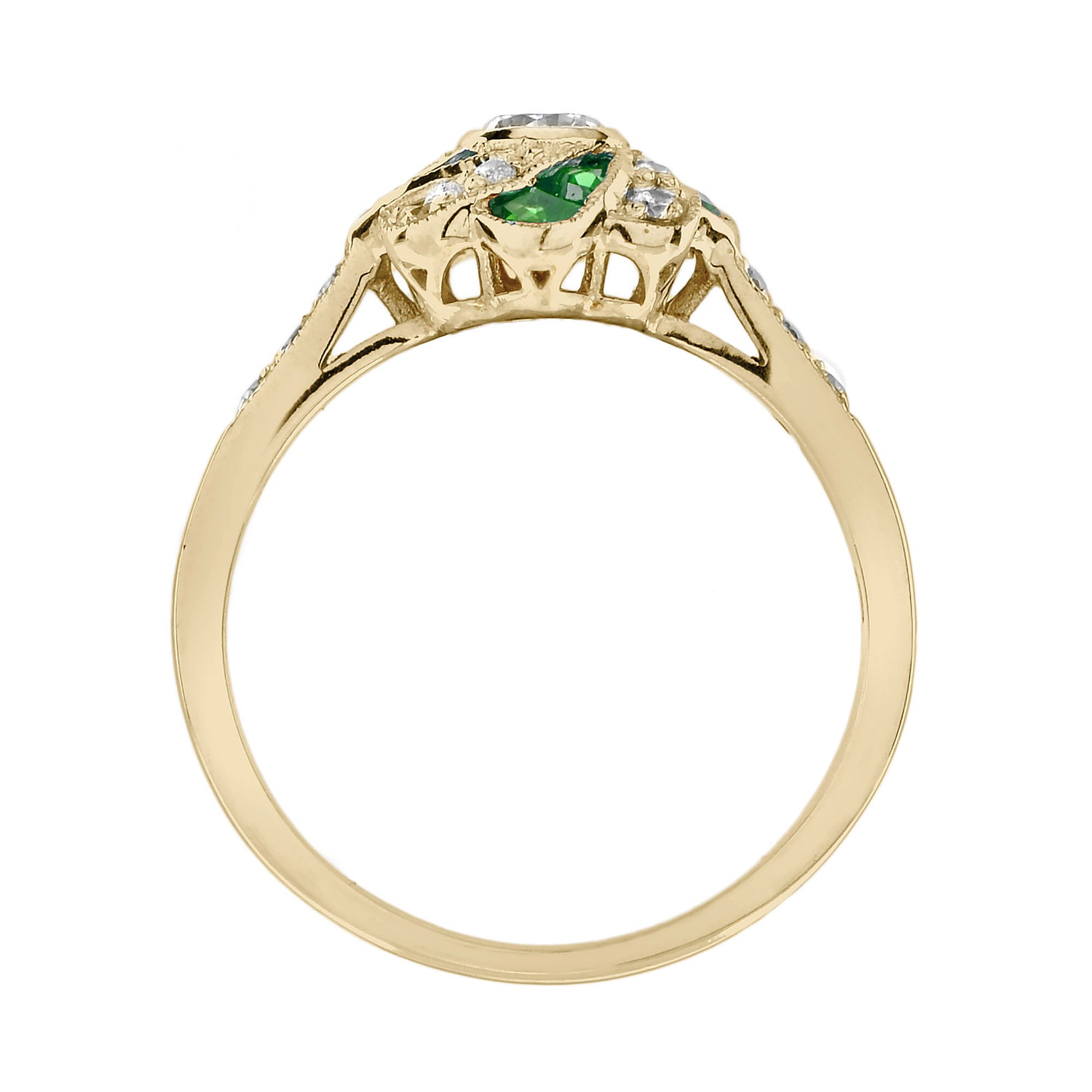 Diamond &amp; Green Emerald Vintage Style Floral Rose Yellow Gold Ring