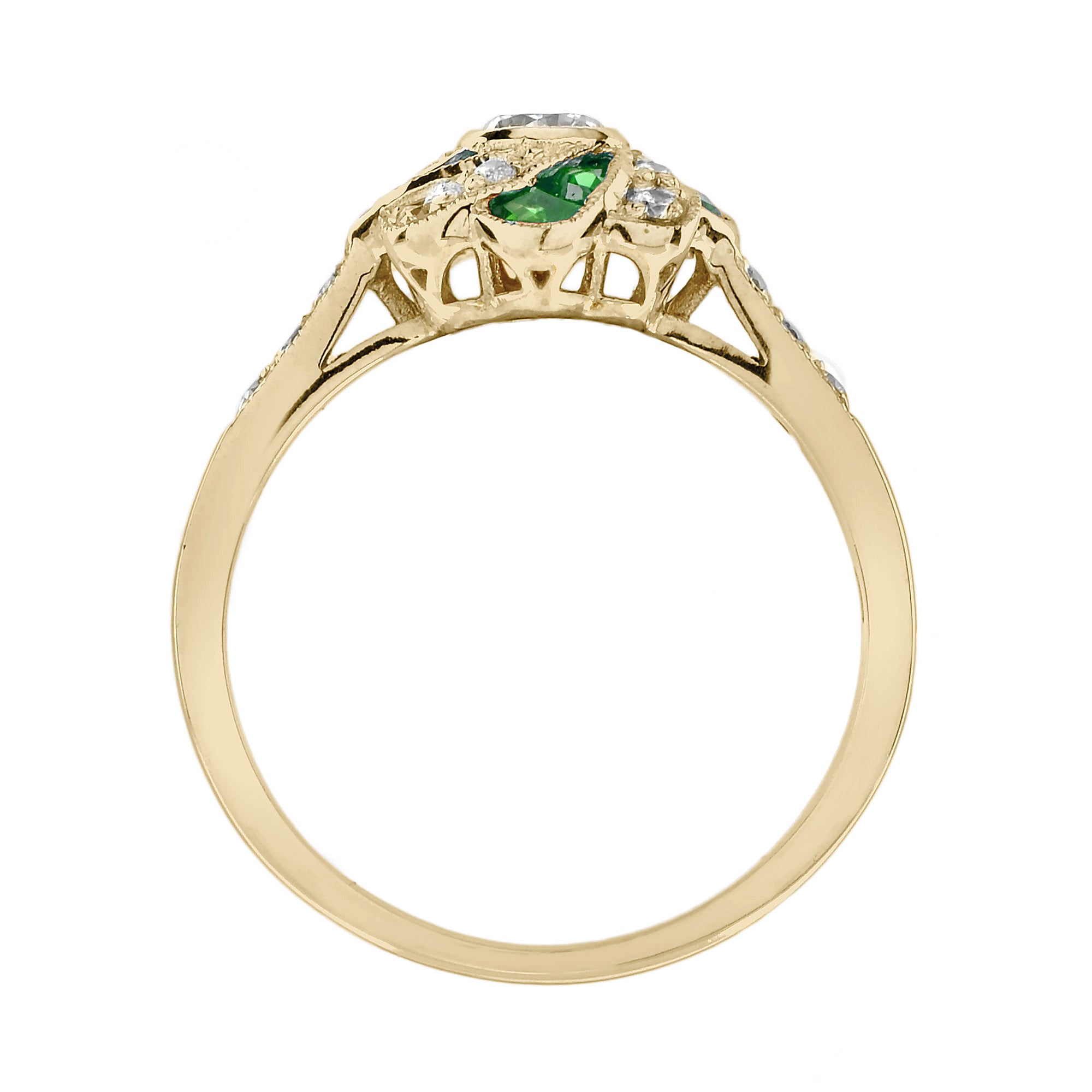 Diamond & Green Emerald Vintage Style Floral Rose Yellow Gold Ring