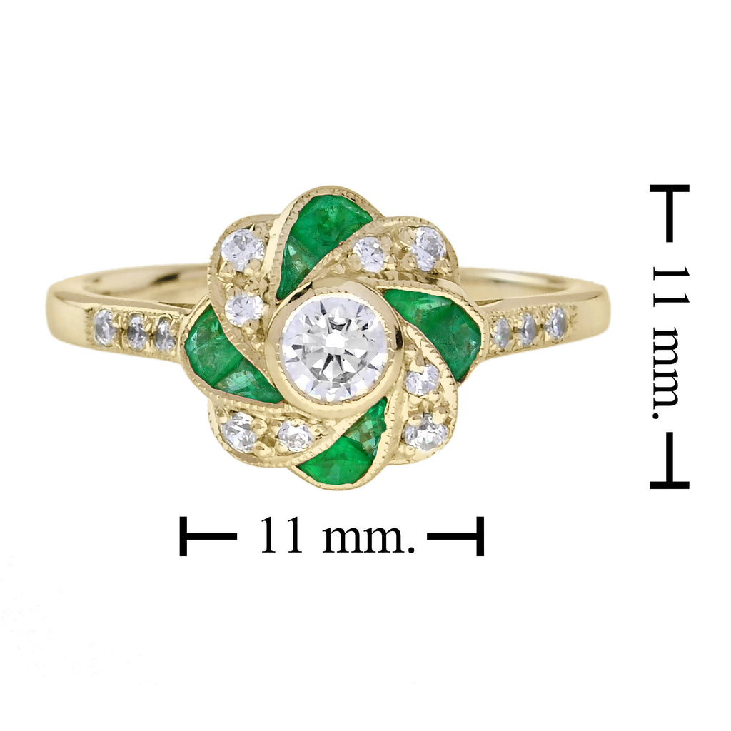 0.91 Ctw Art Deco Emerald & Diamond Floral 14K Yellow Gold Ring