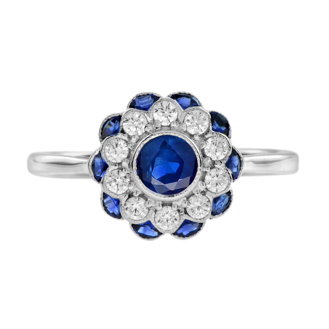 Blue Round Sapphire & Diamond Art Deco Style Floral 14K White Gold Ring