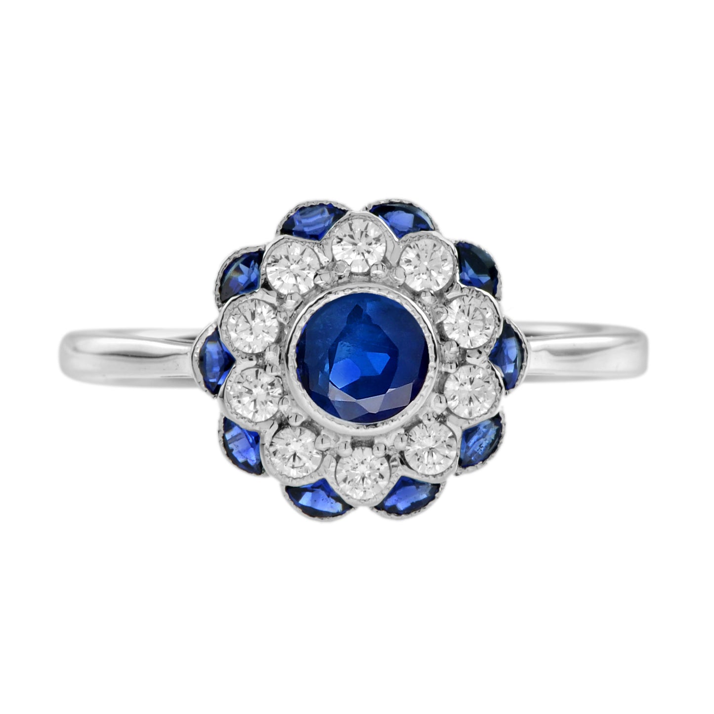 blue round sapphire & diamond art deco style floral 14k white gold ring