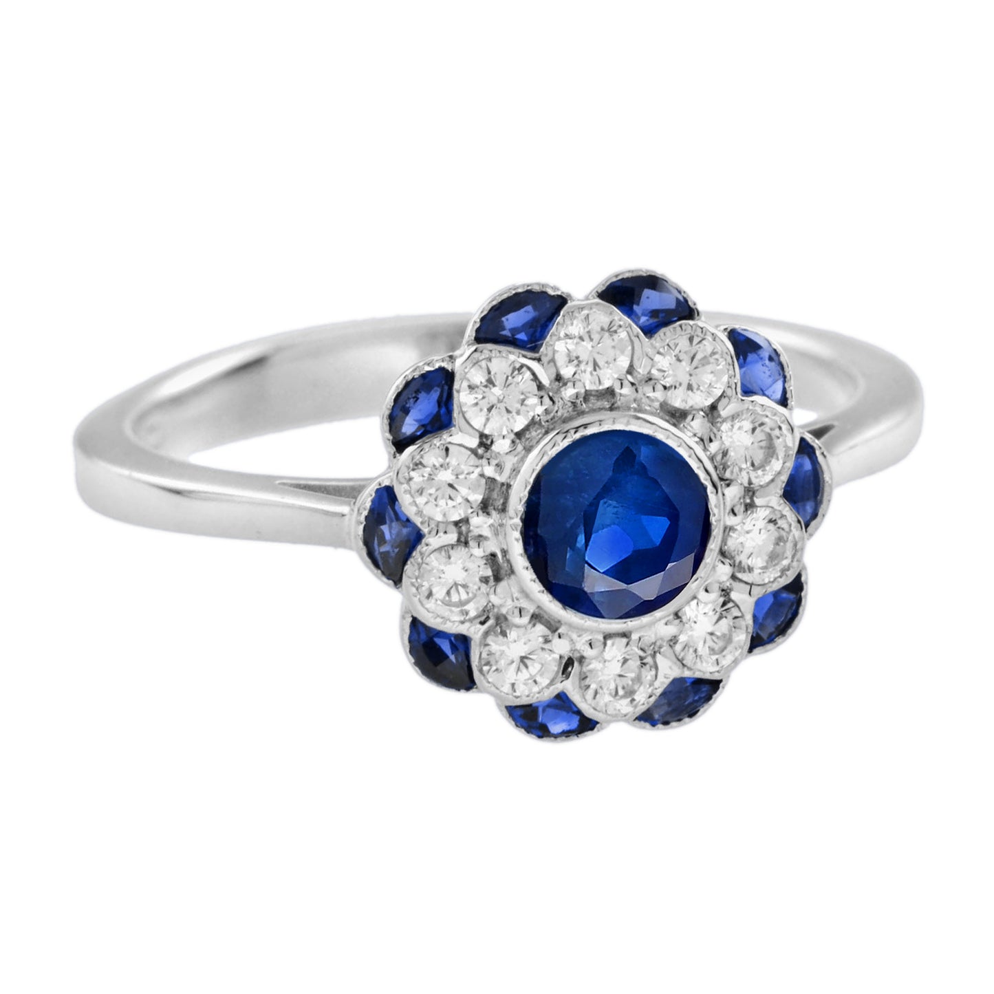 blue round sapphire & diamond art deco style floral 14k white gold ring