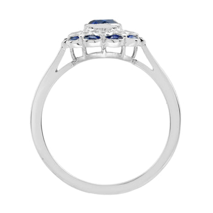 Blue Round Sapphire & Diamond Art Deco Style Floral 14K White Gold Ring