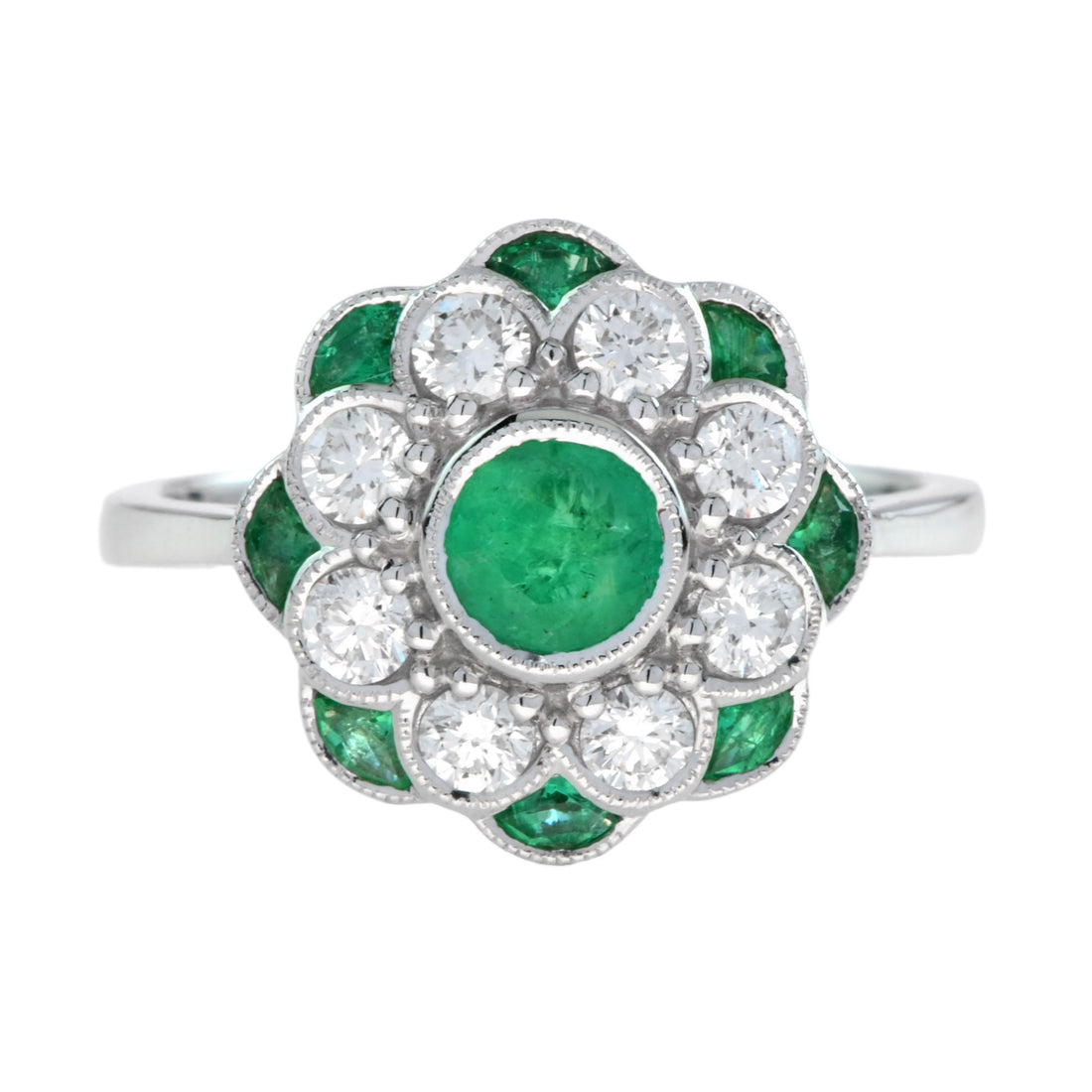 Floral Flower Petals Green Emerald & Diamond Art Deco Style 14K White Gold Ring