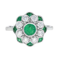 Floral Flower Petals Green Emerald & Diamond Art Deco Style 14K White Gold Ring
