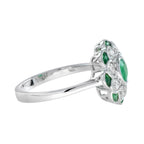 Floral Flower Petals Green Emerald & Diamond Art Deco Style 14K White Gold Ring