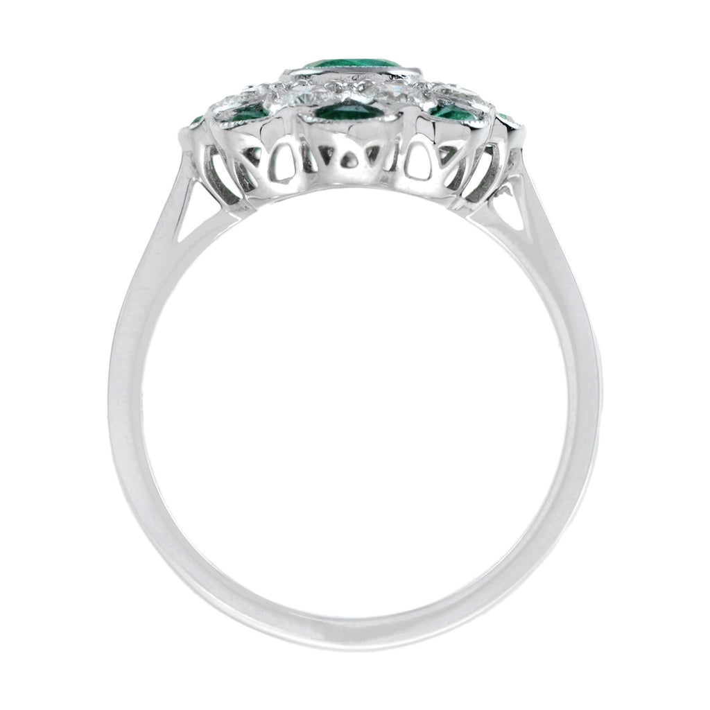 Floral Flower Petals Green Emerald & Diamond Art Deco Style 14K White Gold Ring