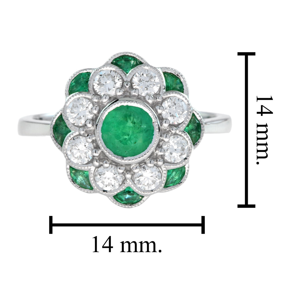 Floral Flower Petals Green Emerald & Diamond Art Deco Style 14K White Gold Ring