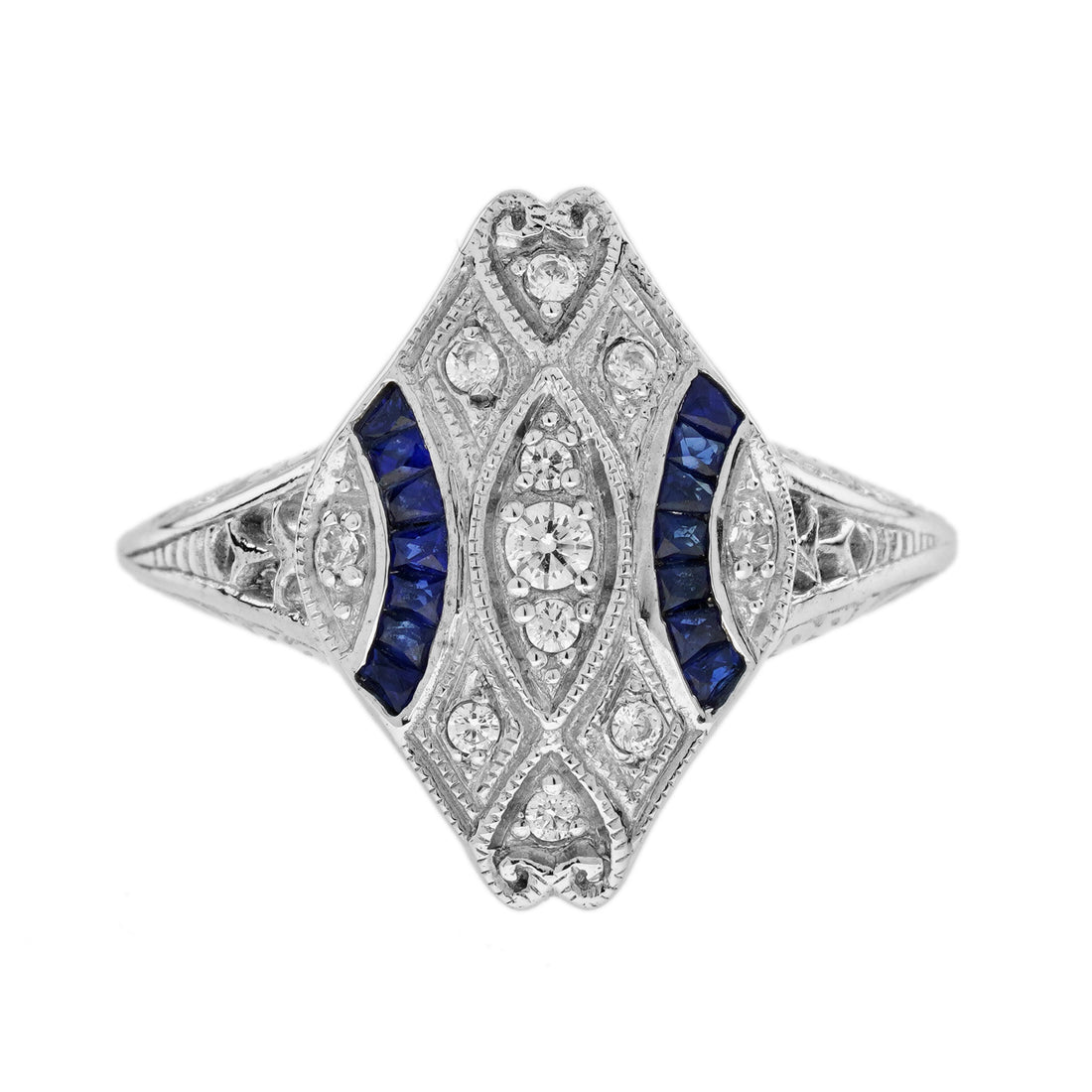 Diamond & Blue Sapphire Art Deco Style Cluster 14K White Gold Ring
