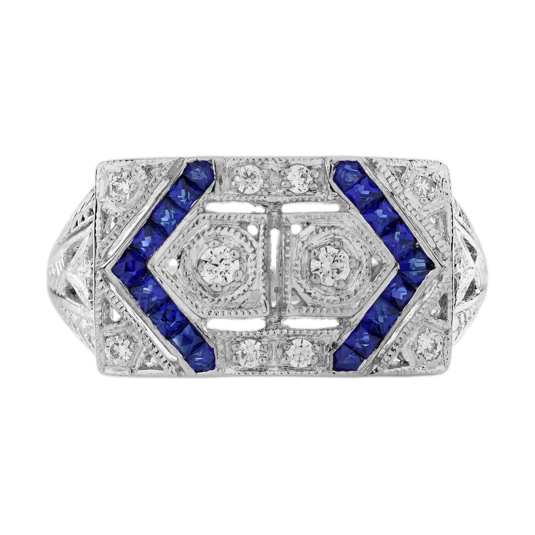 Diamond & Blue Sapphire Vintage Inspired Edwardian Style White Gold Ring