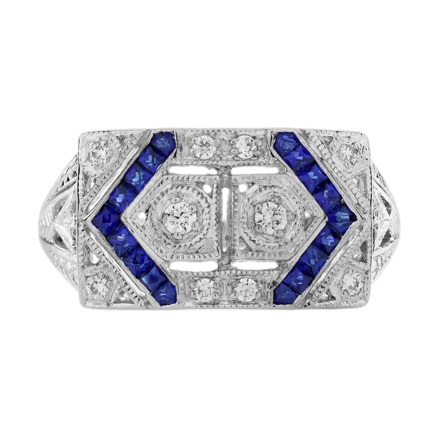 diamond & blue sapphire vintage inspired edwardian style white gold ring