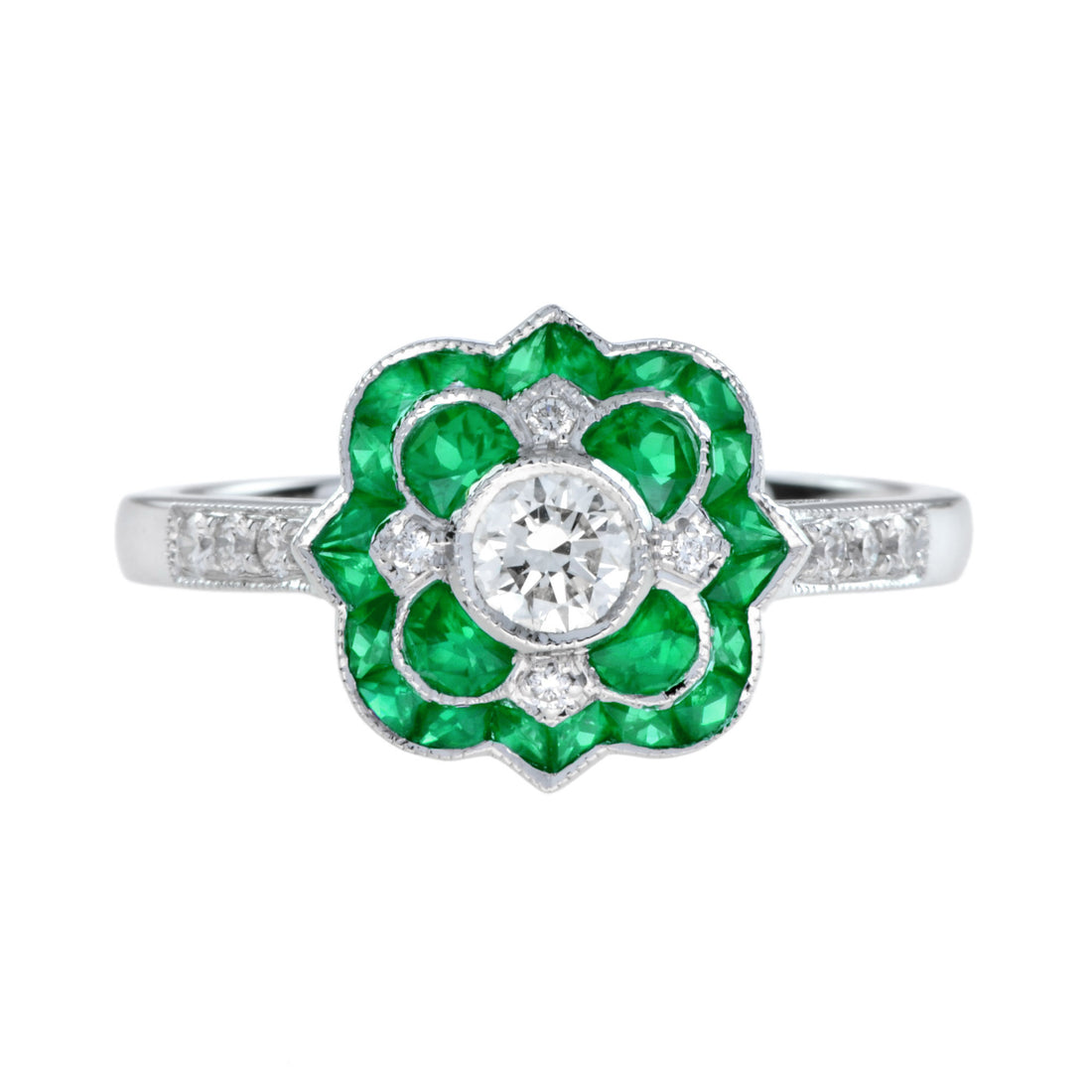 Diamond & Green Emerald Art Deco Style Floral Flower White Gold Ring