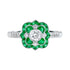 Diamond & Green Emerald Art Deco Style Floral Flower White Gold Ring