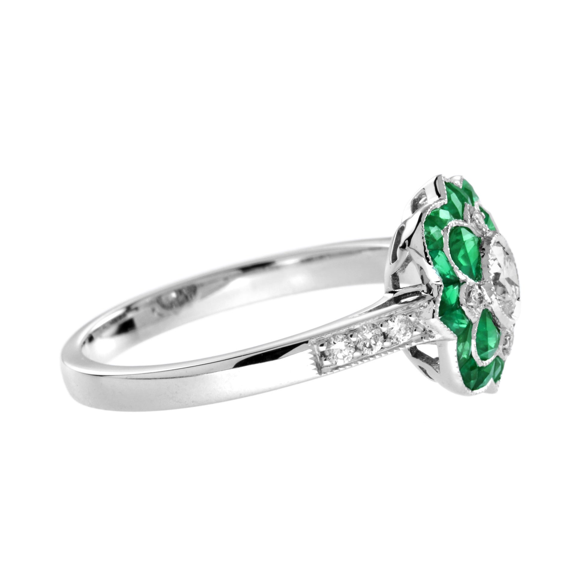 Diamond & Green Emerald Art Deco Style Floral Flower White Gold Ring