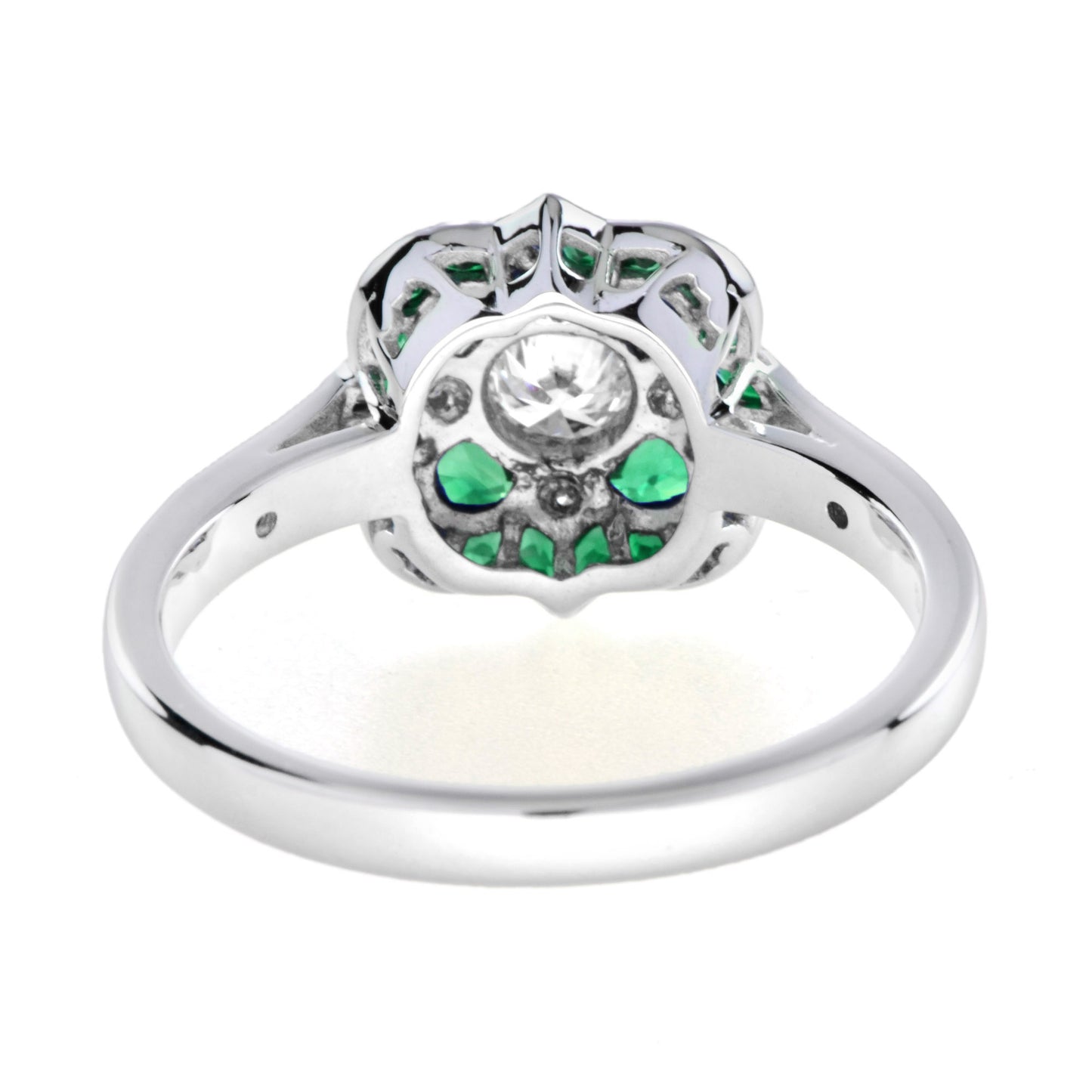 diamond & green emerald art deco style floral flower white gold ring