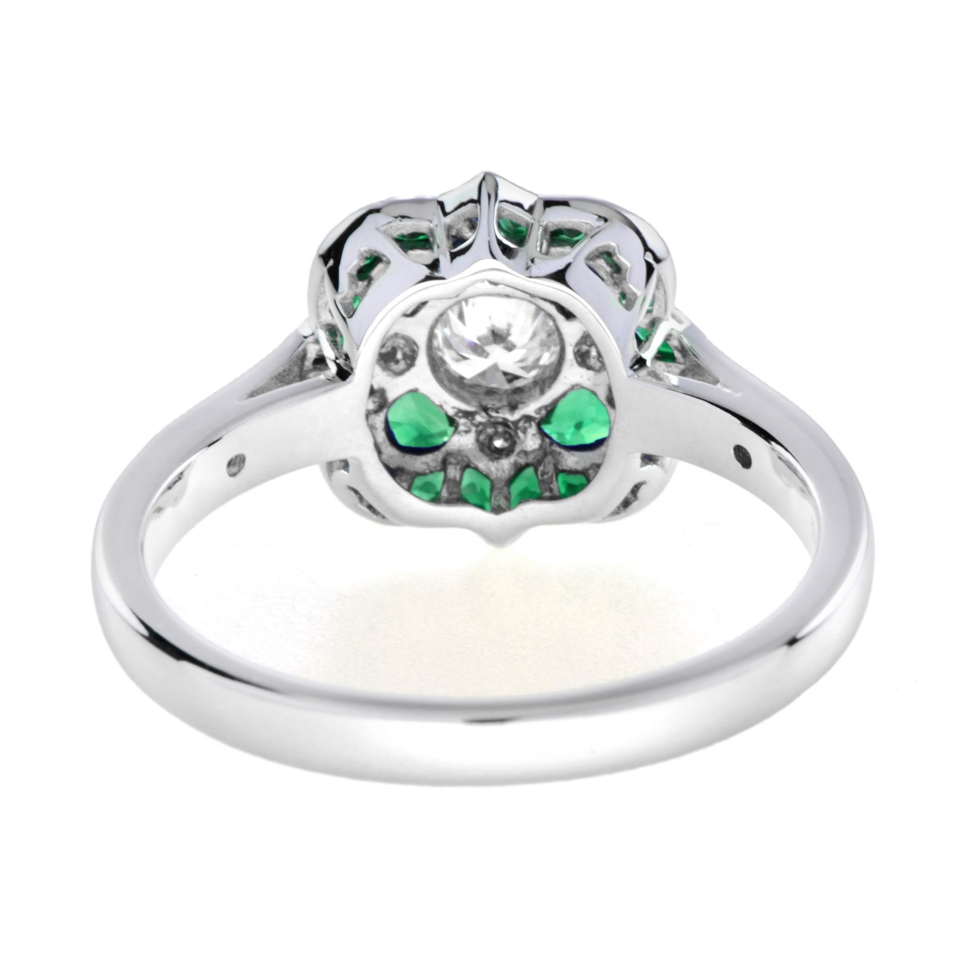 Diamond & Green Emerald Art Deco Style Floral Flower White Gold Ring