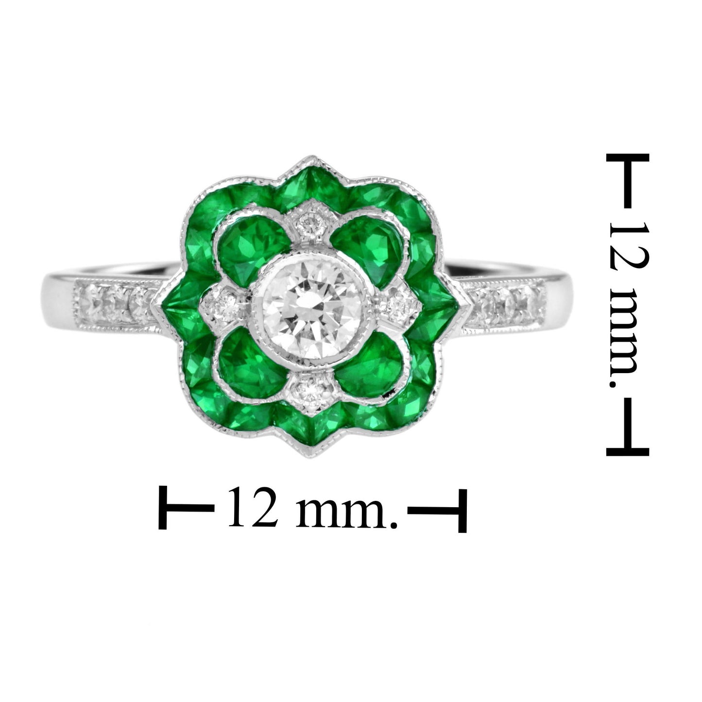 diamond & green emerald art deco style floral flower white gold ring