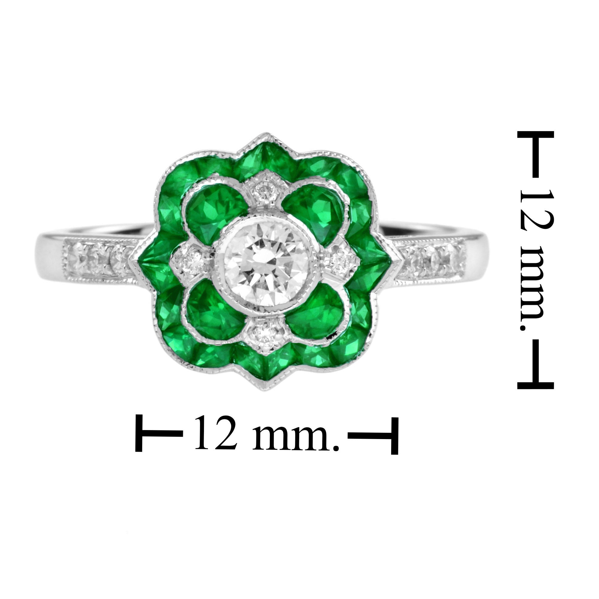 Diamond &amp; Green Emerald Art Deco Style Floral Flower White Gold Ring