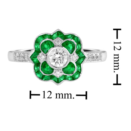 Diamond & Green Emerald Art Deco Style Floral Flower White Gold Ring