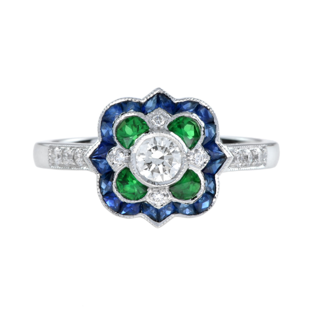 Art Deco Style Halo Set Diamond with Emerald & Blue Sapphire 14K White Gold Ring