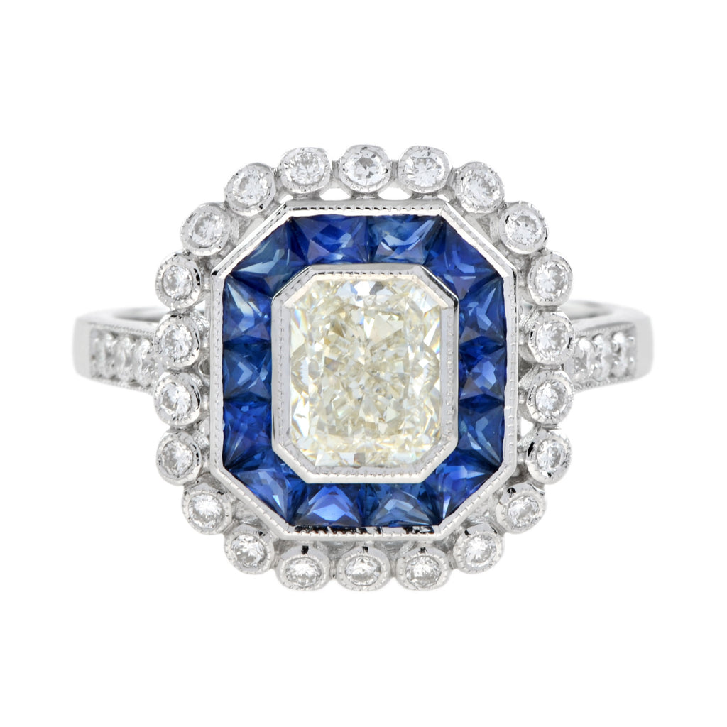 GIA Art Deco стиліндегі сәулелі пішінді гауһар көк сапфир Halo 18K ақ алтын сақина