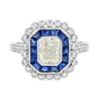 GIA Art Deco стиліндегі сәулелі пішінді гауһар көк сапфир Halo 18K ақ алтын сақина