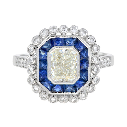 GIA Art Deco Style Radiant Shape Diamond Blue Sapphire Halo 18K White Gold Ring