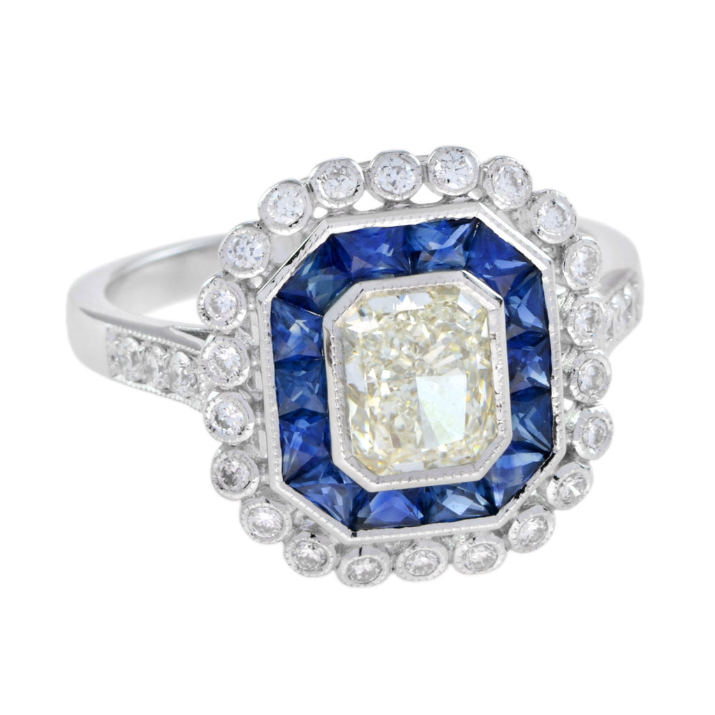 GIA Art Deco стиліндегі сәулелі пішінді гауһар көк сапфир Halo 18K ақ алтын сақина