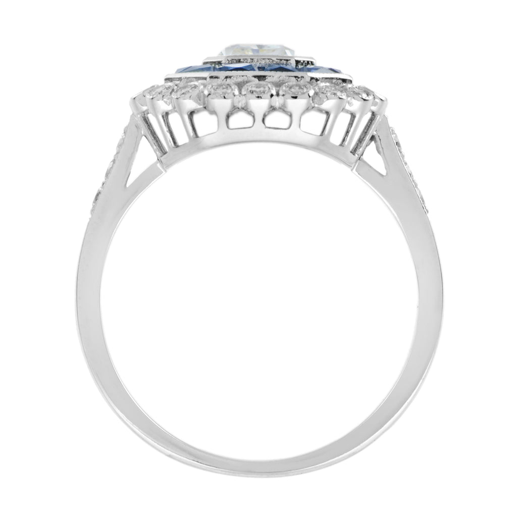 GIA Art Deco стиліндегі сәулелі пішінді гауһар көк сапфир Halo 18K ақ алтын сақина