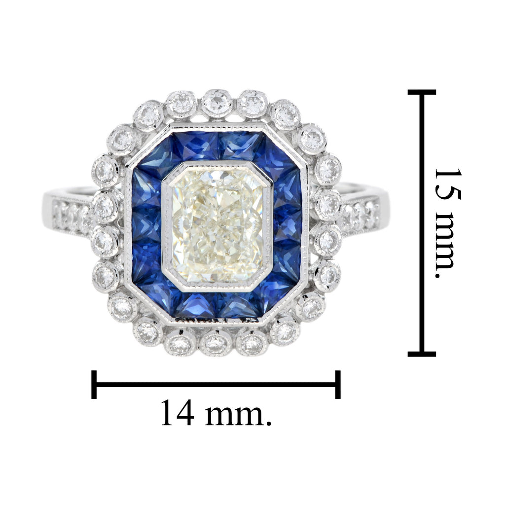 GIA Art Deco стиліндегі сәулелі пішінді гауһар көк сапфир Halo 18K ақ алтын сақина