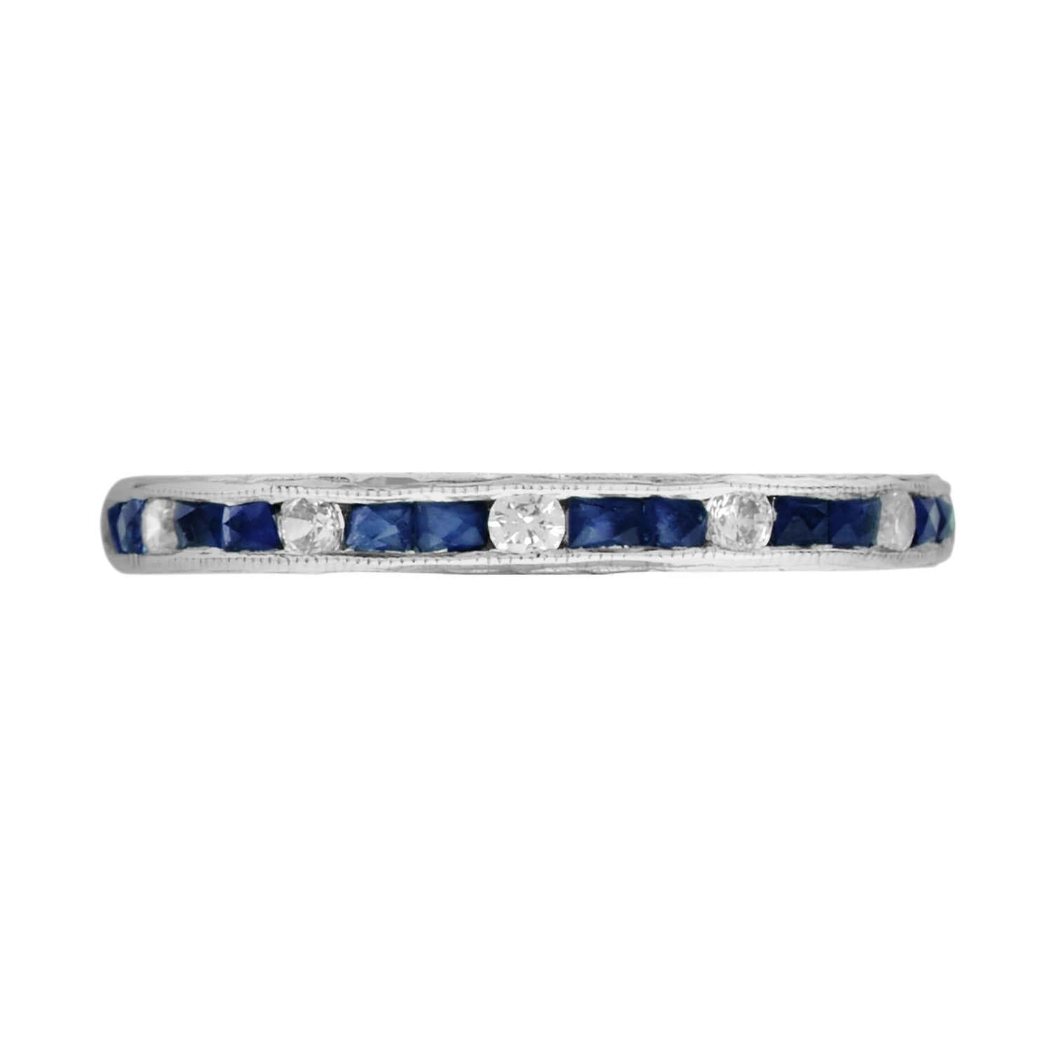 Alternating Double Blue Sapphire &amp; Diamond Eternity Band 14K White Gold Ring
