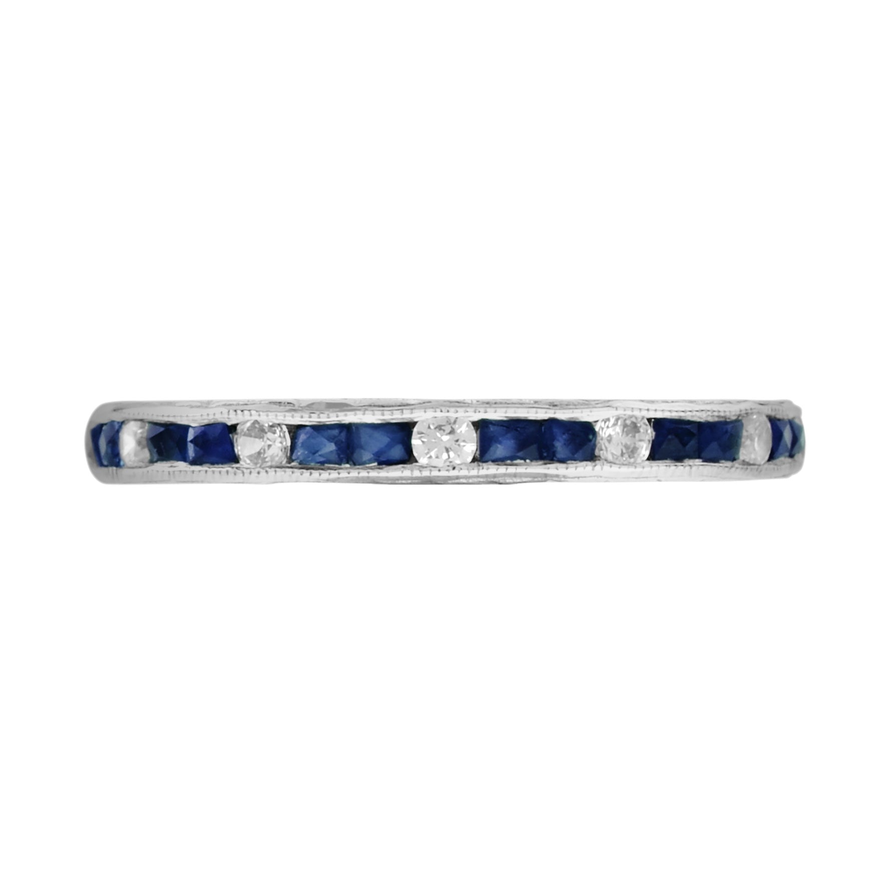 Alternating Double Blue Sapphire & Diamond Eternity Band 14K White Gold Ring