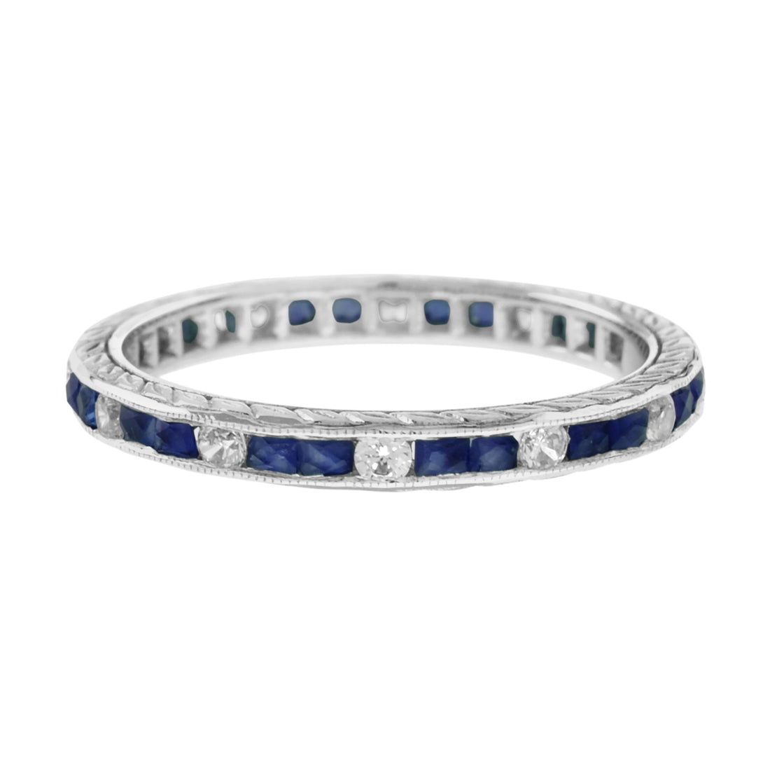 Alternating Double Blue Sapphire & Diamond Eternity Band 14K White Gold Ring
