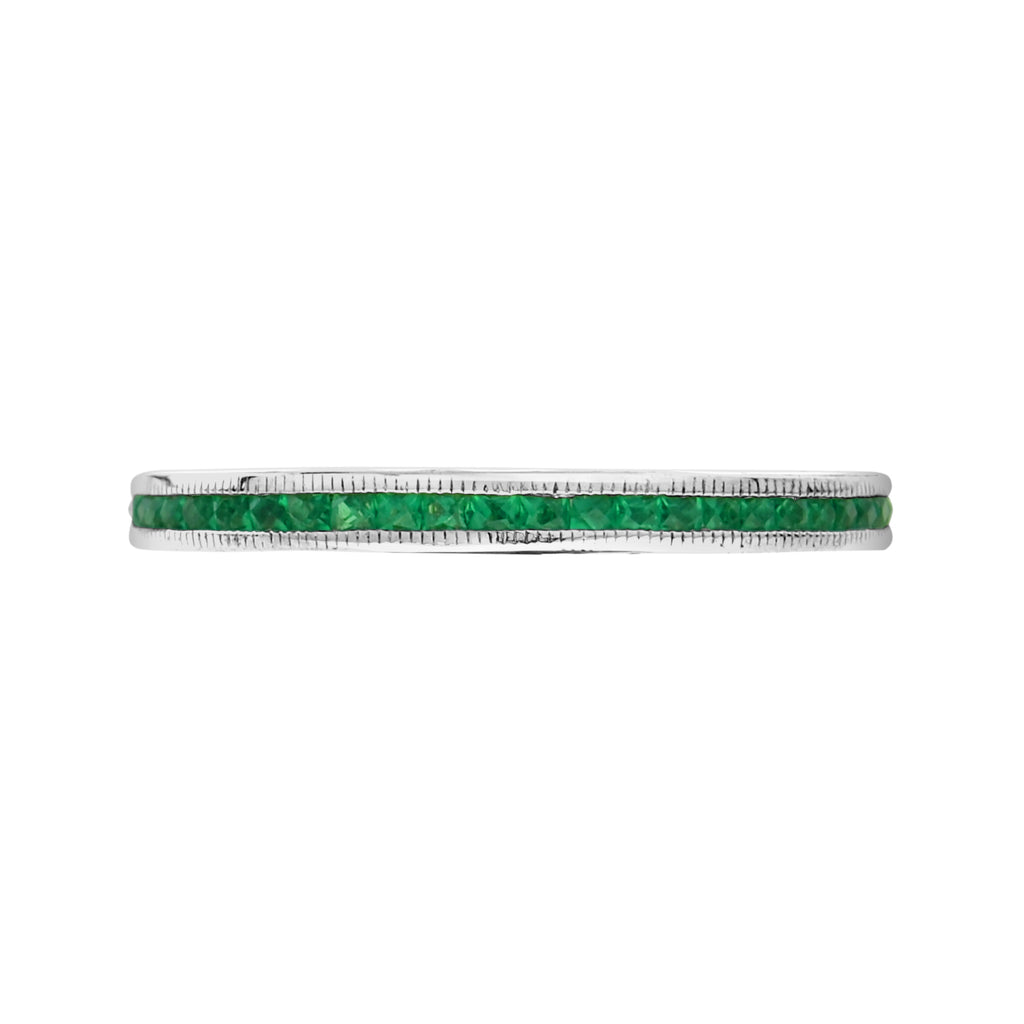 Slim French Cut Emerald Art Deco Style Channel Set Eternity Band 14K White Ring