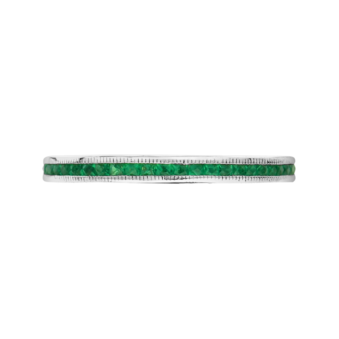 Slim French Cut Emerald Art Deco Style Channel Set Eternity Band 14K White Ring