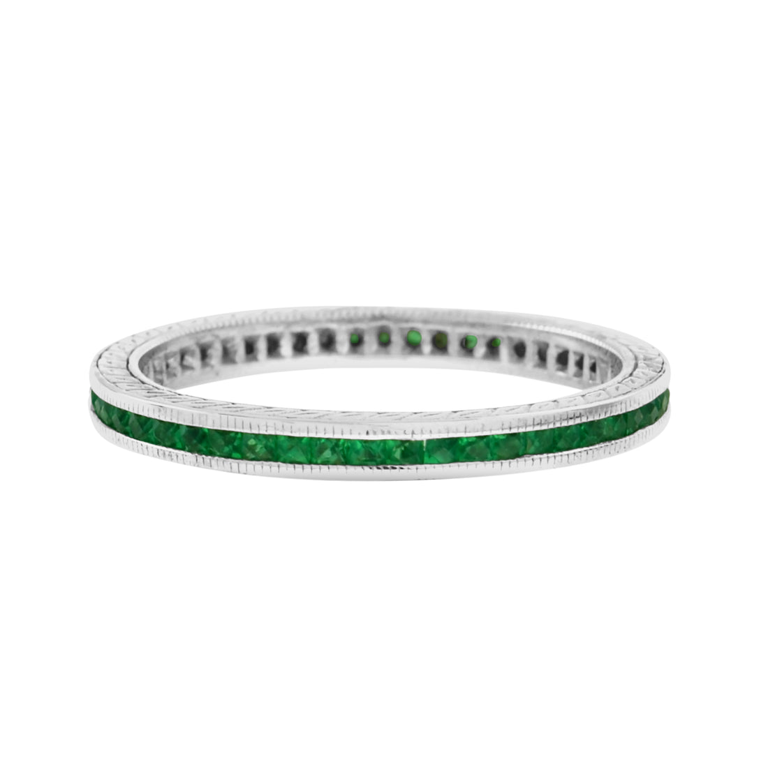 Slim French Cut Emerald Art Deco Style Channel Set Eternity Band 14K White Ring