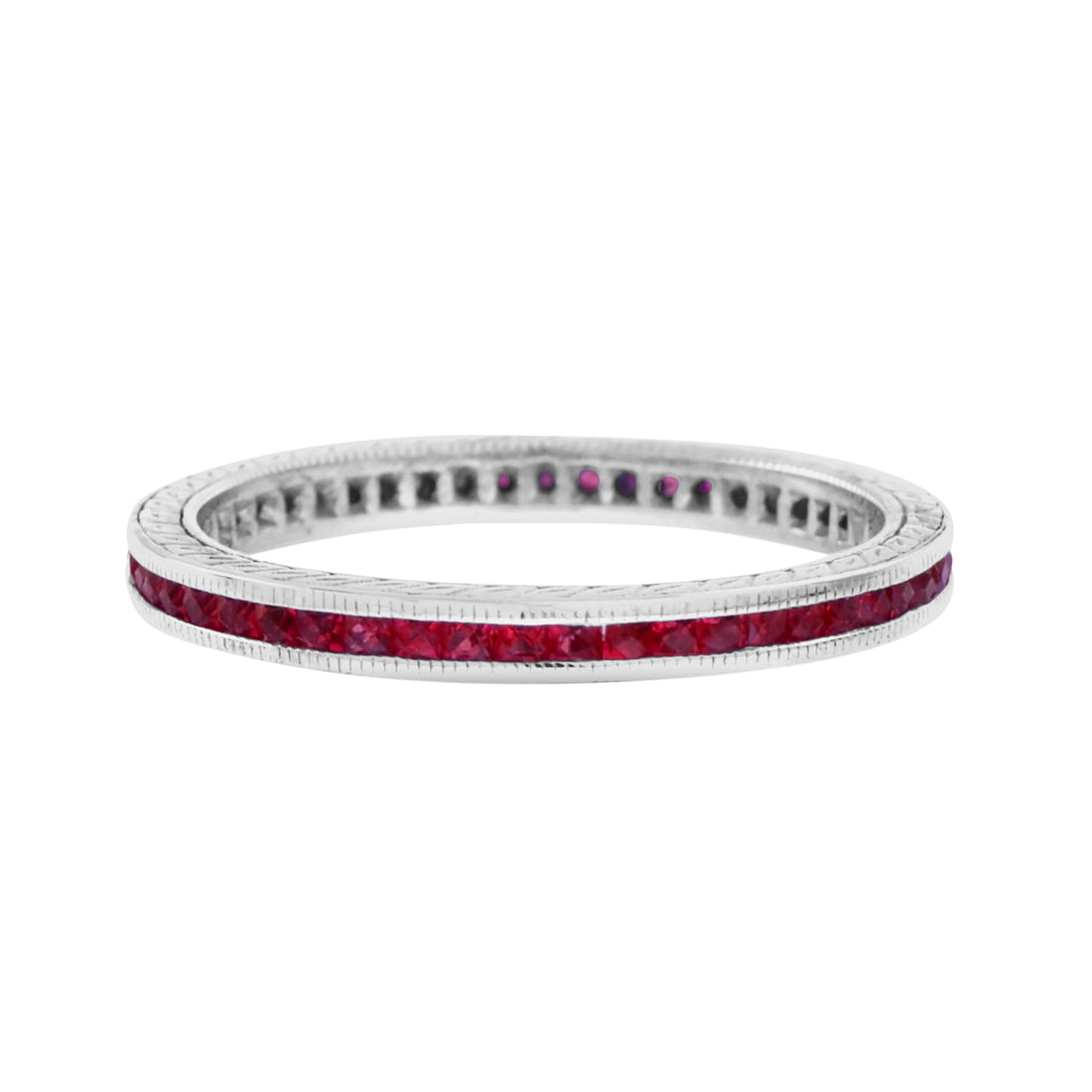 Slim French Cut Red Ruby Art Deco Style Channel Set Eternity Band 14K White Ring