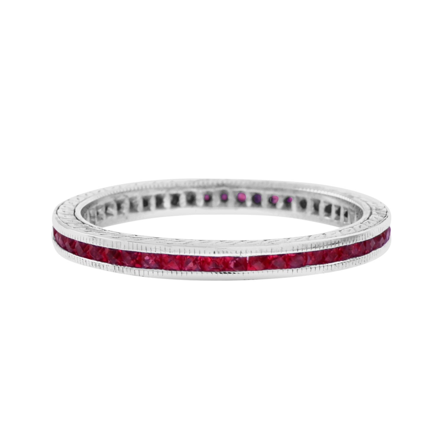Slim French Cut Red Ruby Art Deco Style Channel Set Eternity Band 14K White Ring