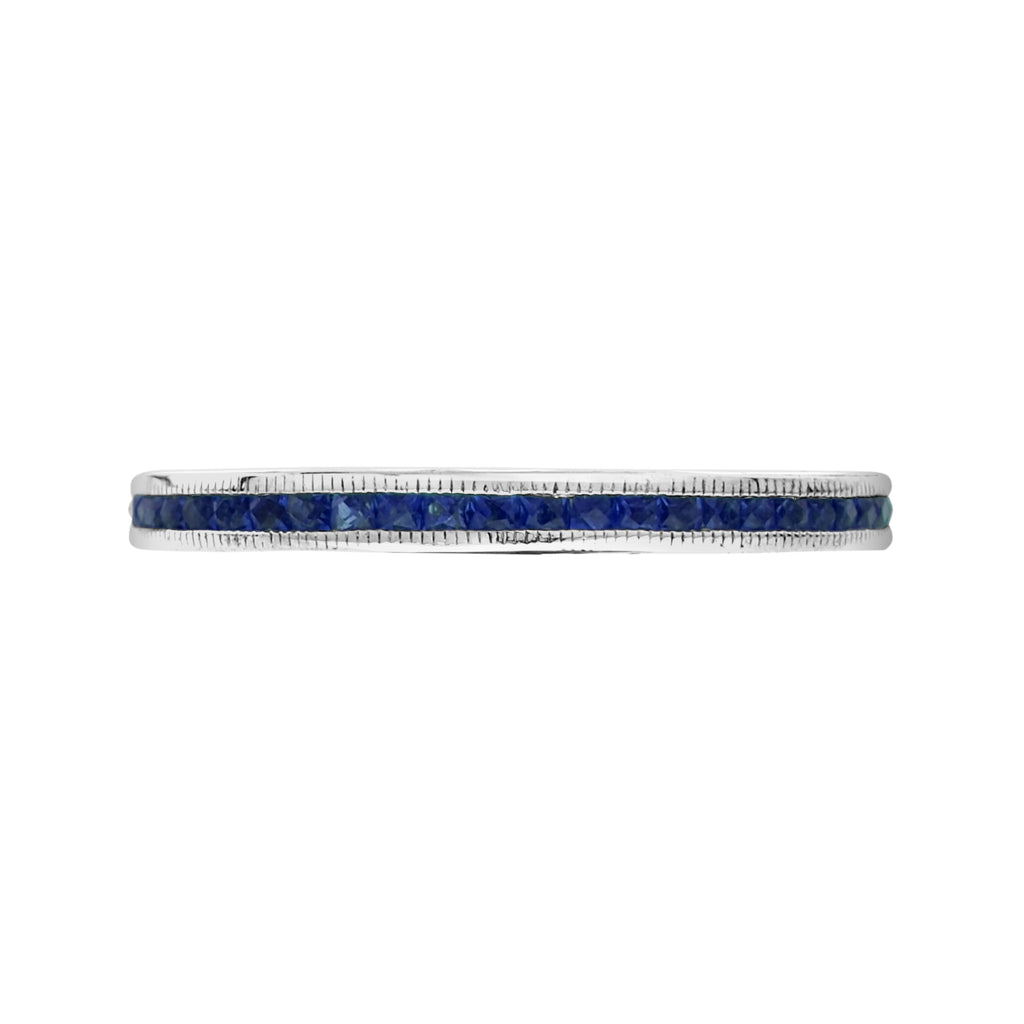 French Cut Blue Sapphire Art Deco Style Channel Set Eternity Band 14K White Ring