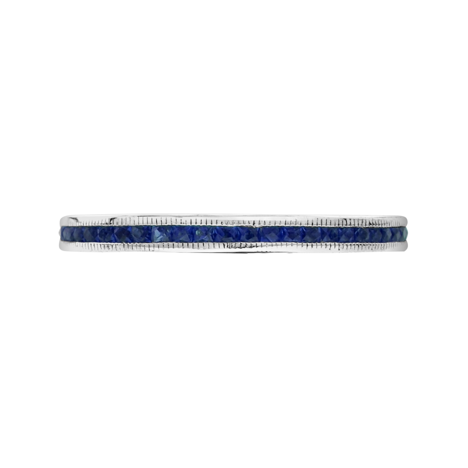 French Cut Blue Sapphire Art Deco Style Channel Set Eternity Band 14K White Ring