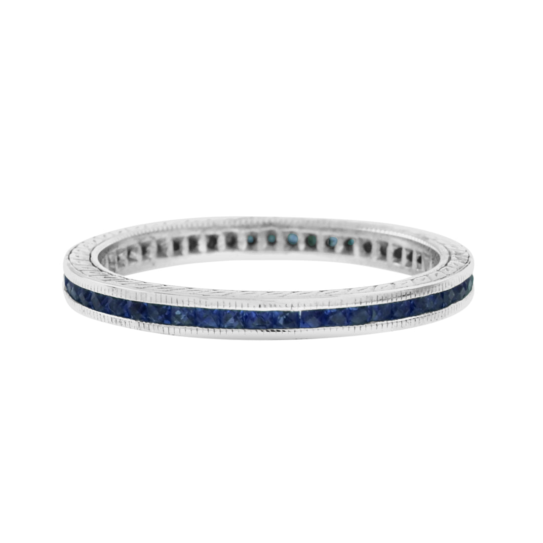 French Cut Blue Sapphire Art Deco Style Channel Set Eternity Band 14K White Ring