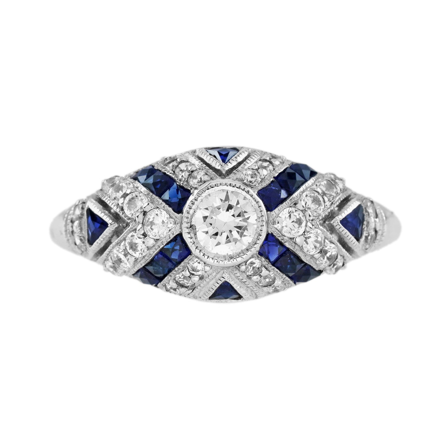 round diamond & blue sapphire art deco style 18k white gold ring