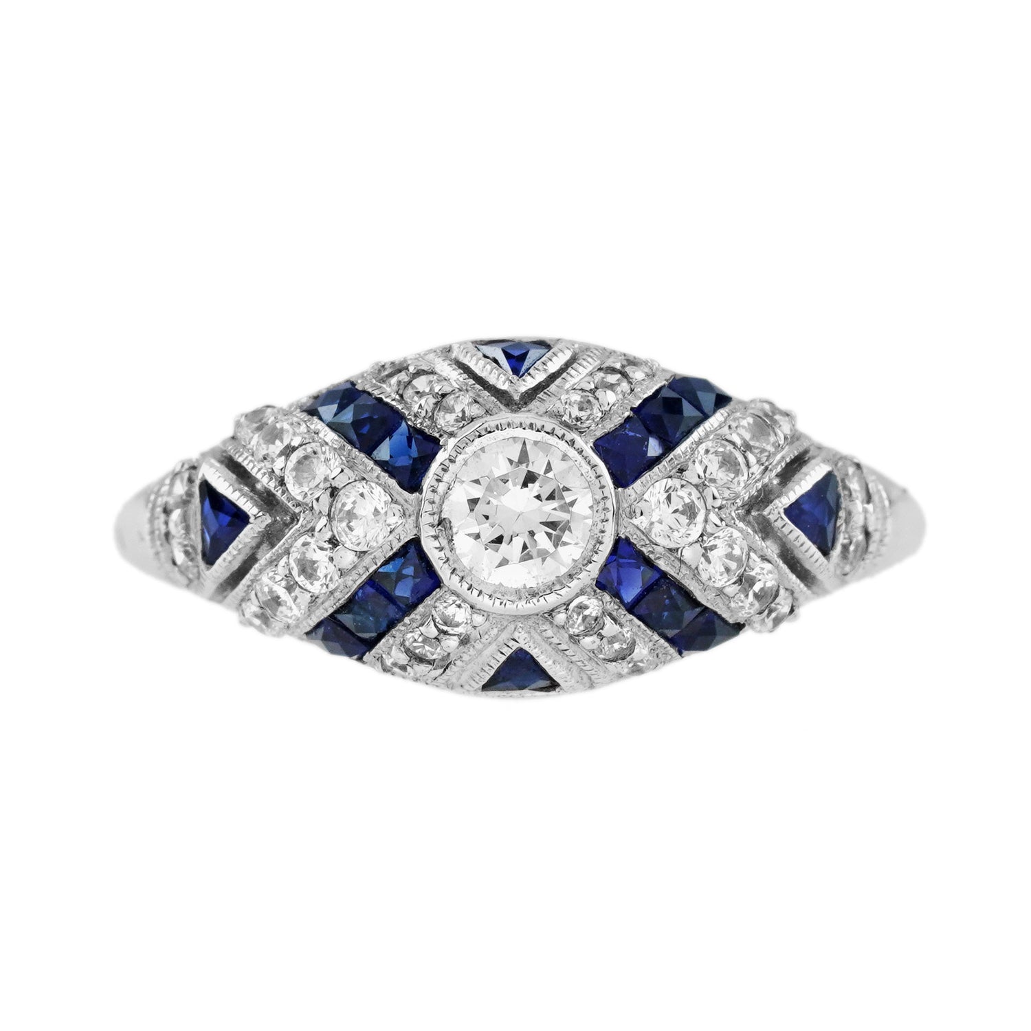 Round Diamond &amp; Blue Sapphire Art Deco Style 18K White Gold Ring