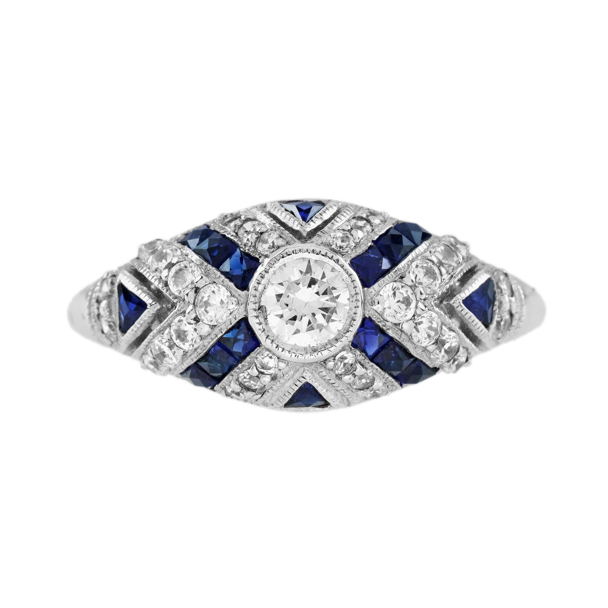 Round Diamond &amp; Blue Sapphire Art Deco Style 18K White Gold Ring