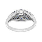 Round Diamond & Blue Sapphire Art Deco Style 18K White Gold Ring