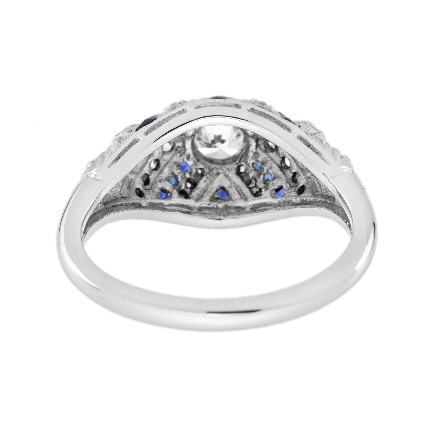 round diamond & blue sapphire art deco style 18k white gold ring